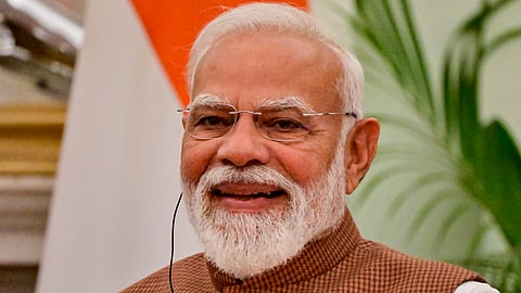 Prime Minister Narendra Modi during a joint press meet with Finland President Alexander Stubb, unseen, at Hyderabad House in New Delhi, Thursday, March 5, 2026.