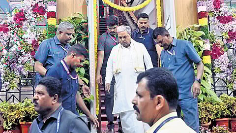 Chief Minister Siddaramaiah leaves Vidhana Soudha after the cabinet meeting in Bengaluru on Thursday