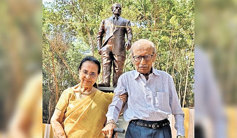 J C Daniel’s son C J Harris Daniel and his wife Susheela Rani Daniel near the statue at Chithranjali studio in the city.