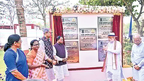 Union Home Minister Amit Shah inaugurating key infrastructure projects of CISF on the occasion of CISF Raising Day at Mundali in Cuttack on Friday | Express