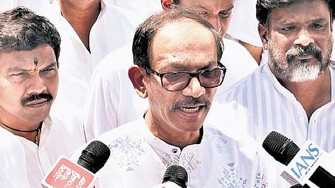 TNCC incharge Girish Chodankar speaks to the media after his party candidate Christopher Tilak filed nomination papers for Rajya Sabha, at Secretariat in Chennai on Thursday.