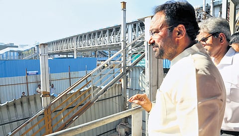 Union minister G Kishan Reddy inspects works at the Nampally Railway Station in Hyderabad on Thursday