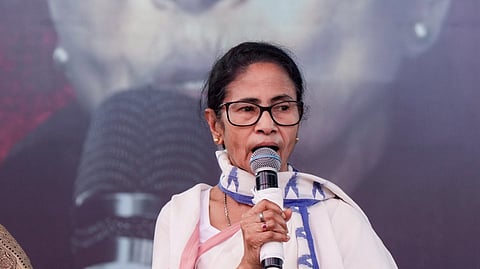 West Bengal Chief Minister Mamata Banerjee during a sit-in for the second consecutive day, in Kolkata, Saturday, March 7, 2026. Banerjee staged the sit-in to protest against the alleged arbitrary deletions from the post-SIR electoral rolls in the state.