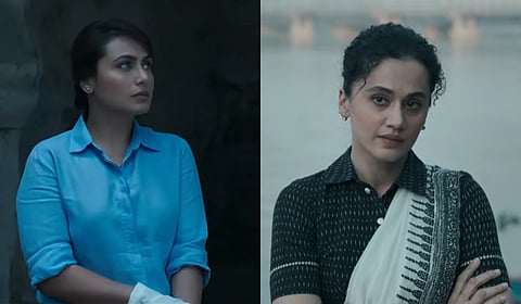 Stills from Rani Mukerji's 'Mardaani 3' (L), Taapsee Pannu's 'Assi'.