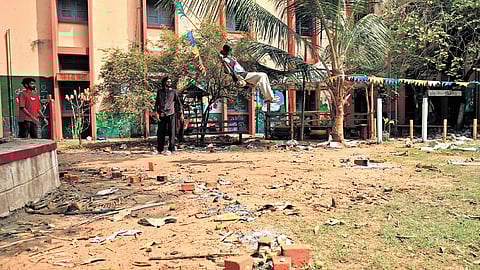 Debris lay scattered on the campus of Government Sanskrit College three days after the Attukal Pongala, with the waste yet to be cleared by the corporation.