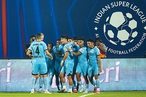 Mumbai City FC players celebrate on Sunday
