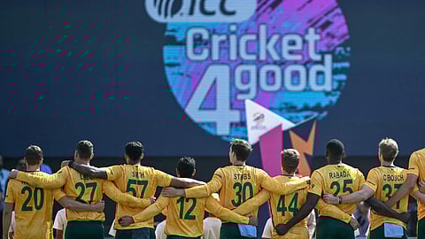 South Africa's players stand for their national anthem before the start of the 2026 ICC Men's T20 Cricket World Cup Super Eights match between West Indies and South Africa at Narendra Modi Stadium in Ahmedabad on February 26, 2026.