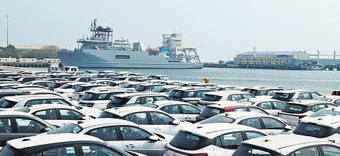 A shipment of 1,000 Hyundai cars awaiting export at Chennai Port.