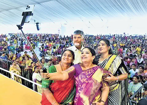 Chief Minister Nara Chandrababu Naidu takes part in the International Women’s Day celebrations at the Parade Grounds in Amaravati on March 8, 2026.