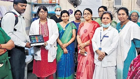 AI-powered machine to examine foetal heart rate at Victoria Hospital in Vizag; (R) a neonatal unit at Kakinada GGH.