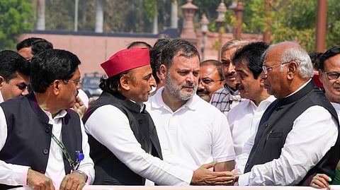 LoP in Rajya Sabha Mallikarjun Kharge, Samajwadi Party MP Akhilesh Yadav, LoP in Lok Sabha Rahul Gandhi and other opposition leaders at a protest over the West Asia crisis during the second part of Budget session of Parliament, in New Delhi, Monday, March 9, 2026.