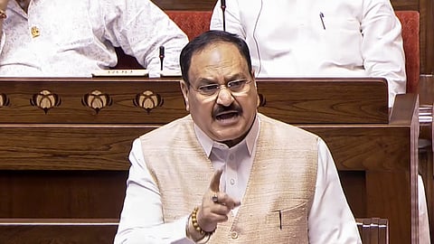 Union Minister JP Nadda speaks in the Rajya Sabha during the second part of Budget session of Parliament, in New Delhi, Monday, March 9, 2026.