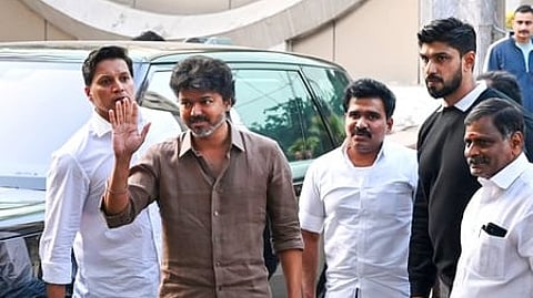 TVK chief and actor Vijay leaves from CBI headquarters after the second round of questioning in connection with the Karur stampede case, on Januart 19, 2026.