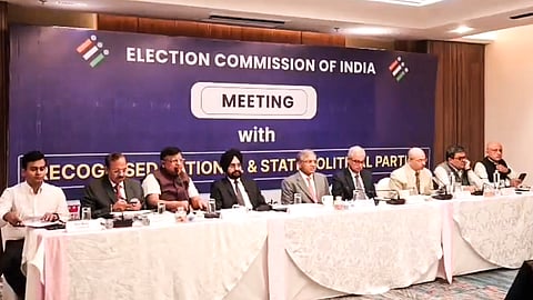 Chief Election Commissioner Gyanesh Kumar, Election Commissioners Sukhbir Singh Sandhu and Vivek Joshi, West Bengal Chief Electoral Officer and senior officials of the Commission, during a meeting with recognised National and State political parties of the state, in Kolkata.