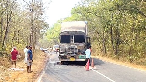 The burnt truck after the accident near Dimirimunda Chhak in Sambalpur district.