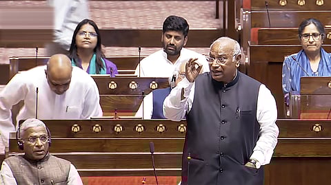 LoP in the Rajya Sabha and Congress leader Mallikarjun Kharge, right, speaks in the Rajya Sabha in New Delhi, Monday, March 9, 2026.