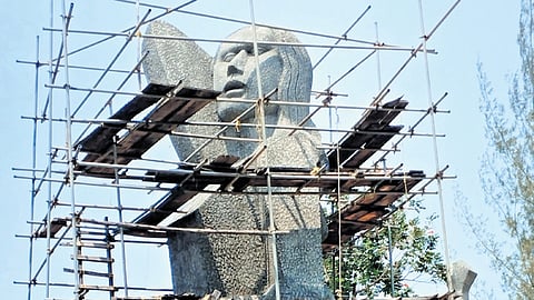 Scaffolding envelops Kanayi Kunhiraman‘s yet-to-be-completed sculpture ‘Endosulfan Victim’ at the district panchayat office. According to officials, the work will be dedicated very soon