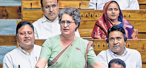 Cong MP Priyanka Gandhi Vadra speaks in Lok Sabha during the Budget session.