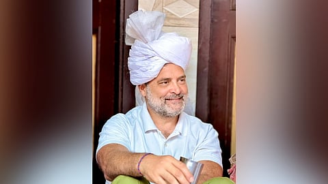 Senior Congress leader and Leader of Opposition in the Lok Sabha Rahul Gandhi wearing a white ceremonial turban (pagri) at farmer Sanjay's daughter's wedding.