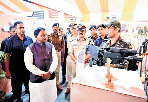 CM Mohan Charan Majhi visiting the BNS exhibition organised by Odisha Police at Exhibition Ground on March 10, 2026.
