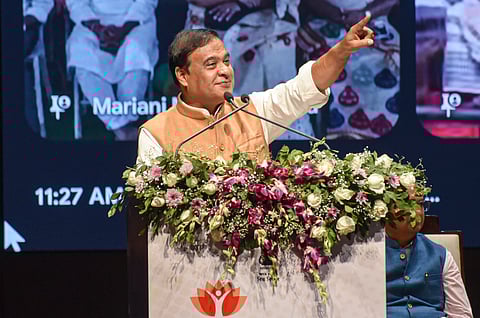 Assam Chief Minister Himanta Biswa Sarma addresses a programme for distribution of financial assistance under the Orunodoi scheme, in Guwahati, Tuesday, March 10, 2026.