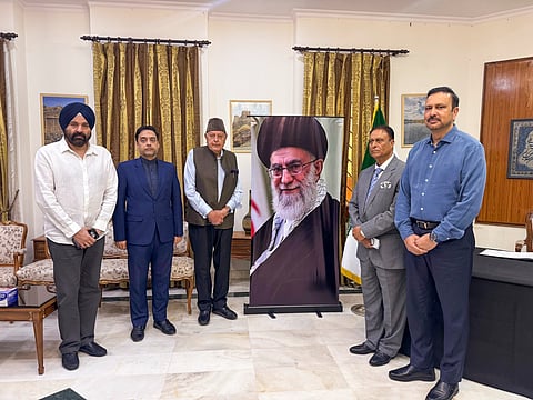 Jammu and Kashmir National Conference president Farooq Abdullah, center, MP Chowdry Mohammad Ramzan and others during their visit to the Embassy of the Islamic Republic of Iran following the killing of Iran's Supreme Leader Ayatollah Ali Khamenei, in New Delhi