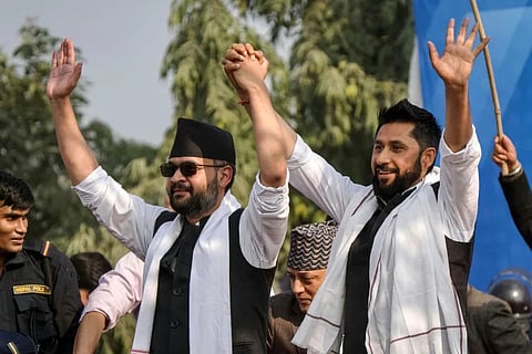 Rastriya Swatantra Party leaders Balendra Shah and Rabi Lamichhane addressing their supporters
