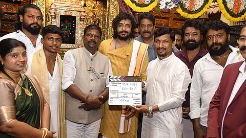 Vasishta Simha (centre) with the cast and crew of Kadal Kote