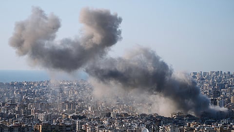 Smoke rise from an Israeli airstrike in Dahiyeh, Beirut's southern suburbs, Lebanon, Tuesday, March 10, 2026.
