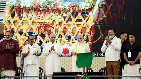 Narendra Modi inaugurates and lays the foundation stone for multiple development projects at Jawaharlal Nehru International Stadium on March 11, 2026.