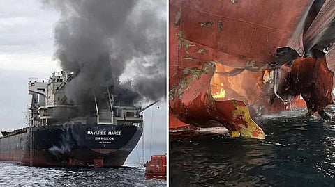 Photos shared by the Royal Thai Navy showed heavy black smoke billowing from the hull and superstructure of the Thai-registered Mayuree Naree, with life rafts floating in the water.