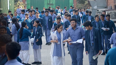 First day of CBSE exam outside VidyaBharati School on Monday.