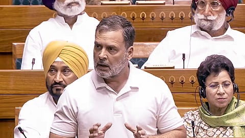 Leader of Opposition Rahul Gandhi speaks in the Lok Sabha during the second part of Budget session of Parliament, in New Delhi, Wednesday, March 11, 2026.