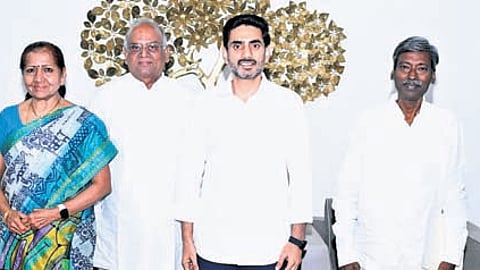 Amara Charitable Trust Managing Trustee Bachu Krishna Kumar along with his wife called on HRD Minister Nara Lokesh in Undavalli on Tuesday