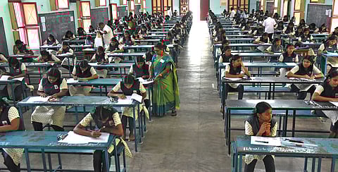 Students writing their SSLC examinations at St Annes girls higher secondary school in Tiruchy on Wednesday.