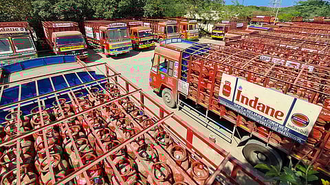 Lorries with empty LPG cylinders seen at Chennai Chennai Petroleum Corporation's LPG bottling plant at Manali in Chennai.