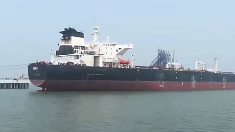 Liberia-flagged tanker ship 'Shenlong' enters Indian waters near Mumbai Port. It was captained by an Indian and was loaded with crude oil from the Saudi port Ras Tanura.