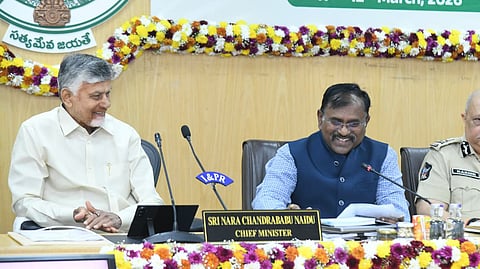 CM Nara Chandrababu Naidu, CS G Sai Prasad and DGP Harish Kumar Gupta during the 6th collectors conference at Secretariat in Velagapudi on Wednesday.
