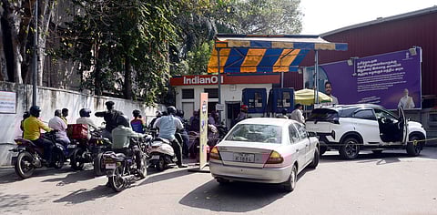 Motorists queue at petrol bunk at Jones road in Saidapet amid panic buying over the Iran conflict