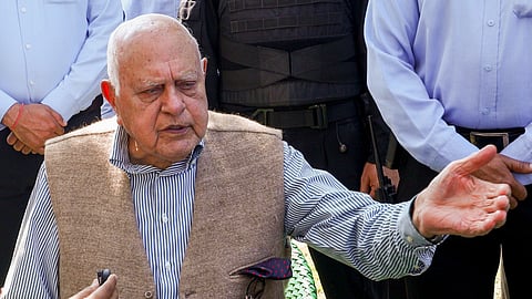 Jammu and Kashmir National Conference president Farooq Abdullah addresses a press conference, at his residence in Jammu, Thursday, March 12, 2026.