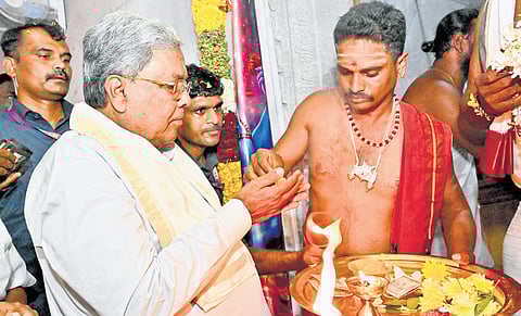 Chief Minister Siddaramaiah at the Beereshwara temple in Varakodu village in Mysuru on Friday.