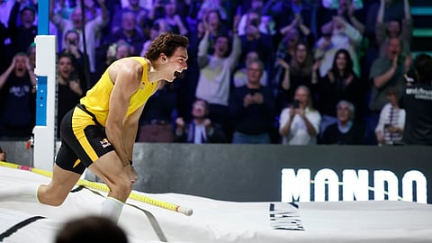 Sweden's Armand Duplantis reacts after clearing 6.31 meters for a men's indoor pole vault world record at the Mondo Classic pole vault gala, Thursday, March 12, 2026, in Uppsala, Sweden.