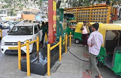 Most of the CNG bunks in the city stopped working due to no stock of gas. Vehicles stand in line to fill gas in Hyderabad