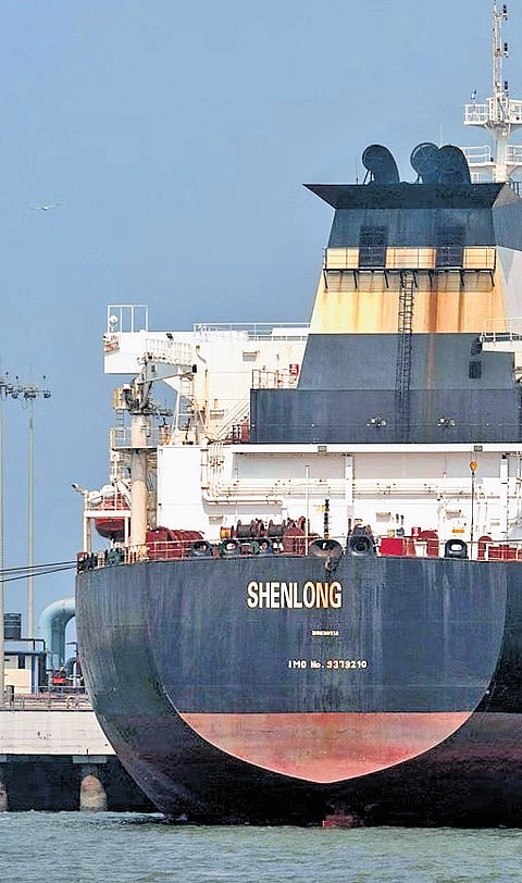 Liberia-flagged Shenlong Suezmax, carrying crude oil, that arrived in Mumbai, clearing Strait of Hormuz