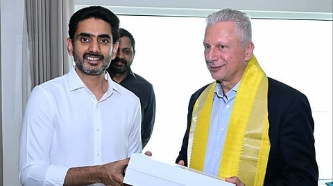 IT Minister N Lokesh with Aiman Ezzat, Chief Executive Officer of Capgemini, in Visakhapatnam on Thursday.