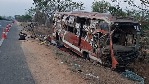 According to Indalwai Police Sub-Inspector S Sandeep, the driver lost control and the bus overturned while most passengers were asleep.