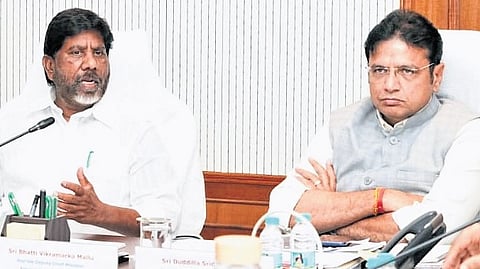 Deputy Chief Minister Mallu Bhatti Vikramarka along with IT Minister D Sridhar Babu chairs a pre-budget meeting at the Secretariat in Hyderabad on Thursday.