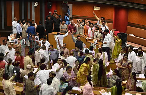 AAP Councillors protesting during the MCD House meeting of Municipal Corporation of Delhi.