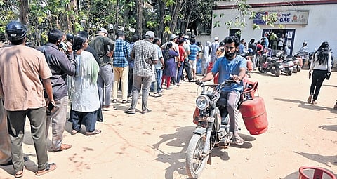 A long queue in front of an LPG refilling centre at Jayamahal.