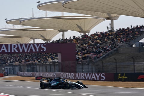 Mercedes driver George Russell of Britain steers his car during the first practice session ahead of the Chinese Formula One Grand Prix.